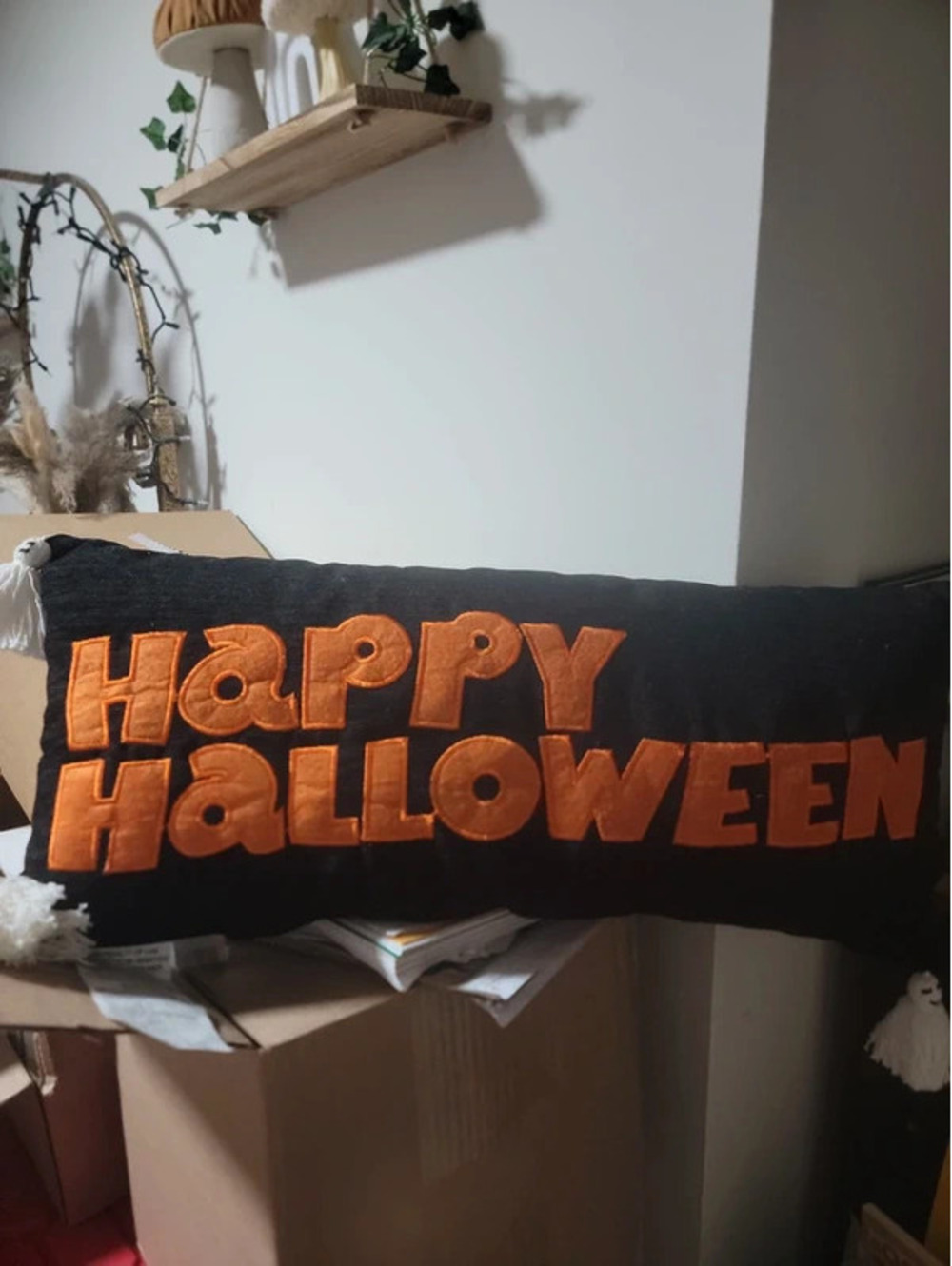 Happy halloween long pillow with ghost tassels
